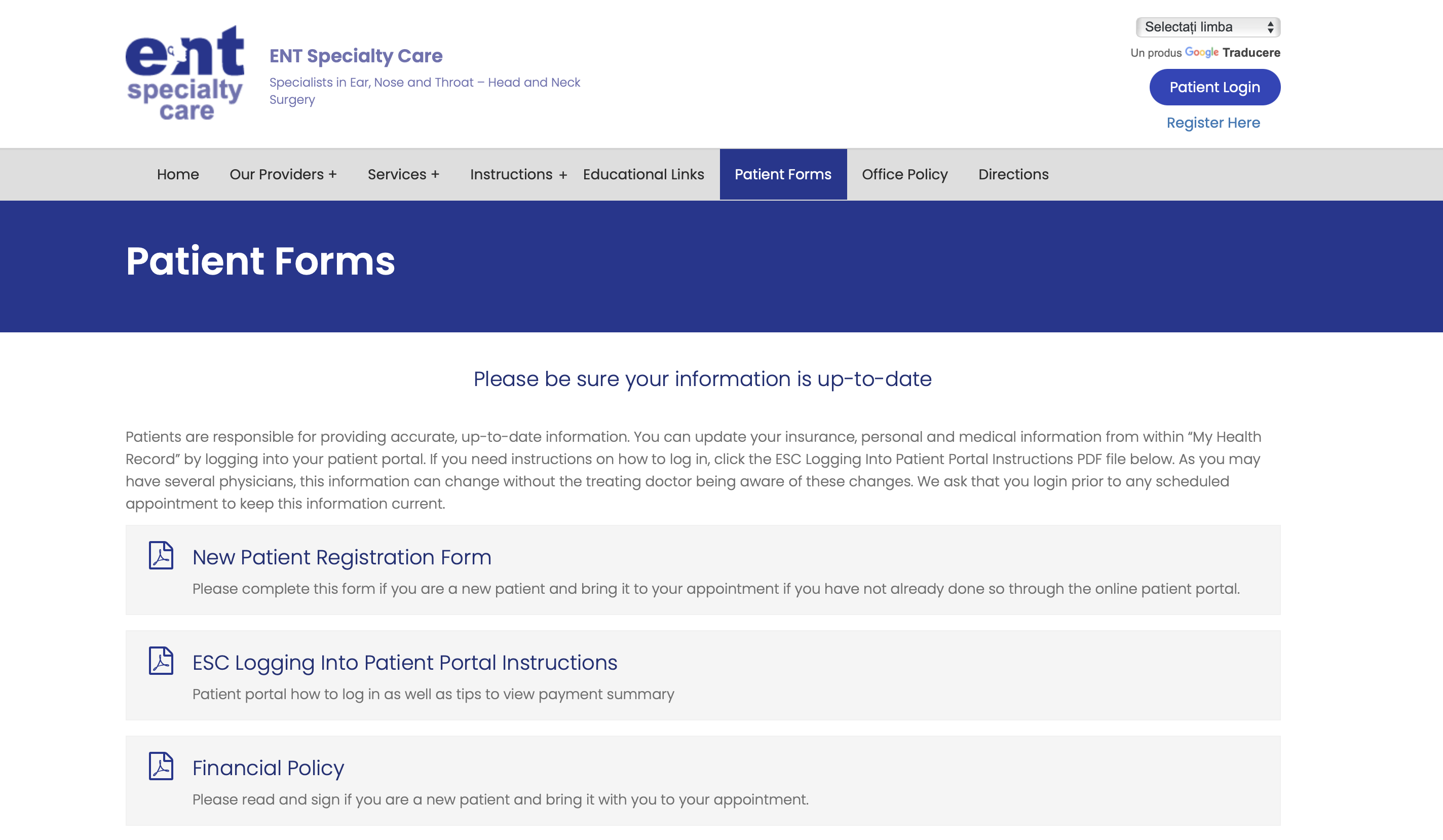ENT Specialty Care Patient Forms Page